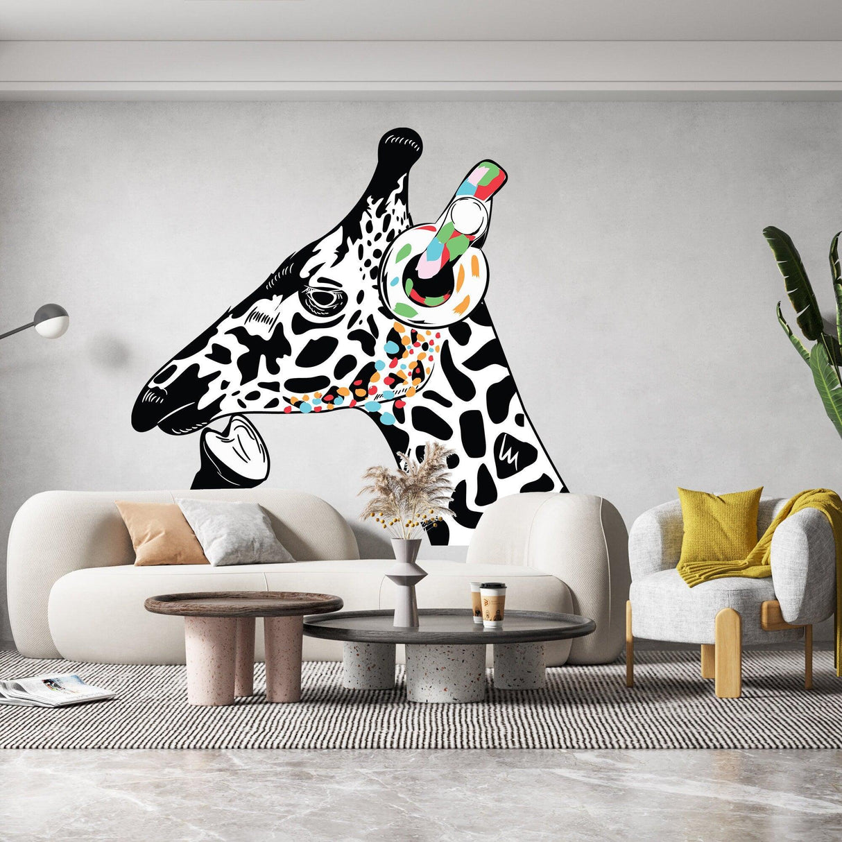 Thinking Giraffe Sticker wall decal in modern living room, inspired by Banksy art, vibrant and creative wall decor.
