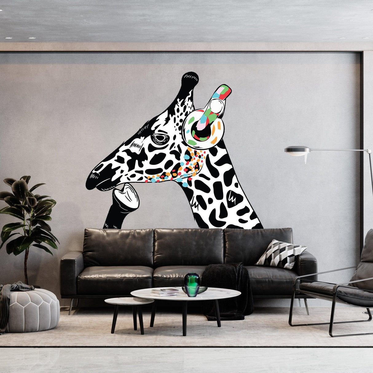 Whimsical giraffe wall art sticker with headphones, adding creativity to a modern living room decor.