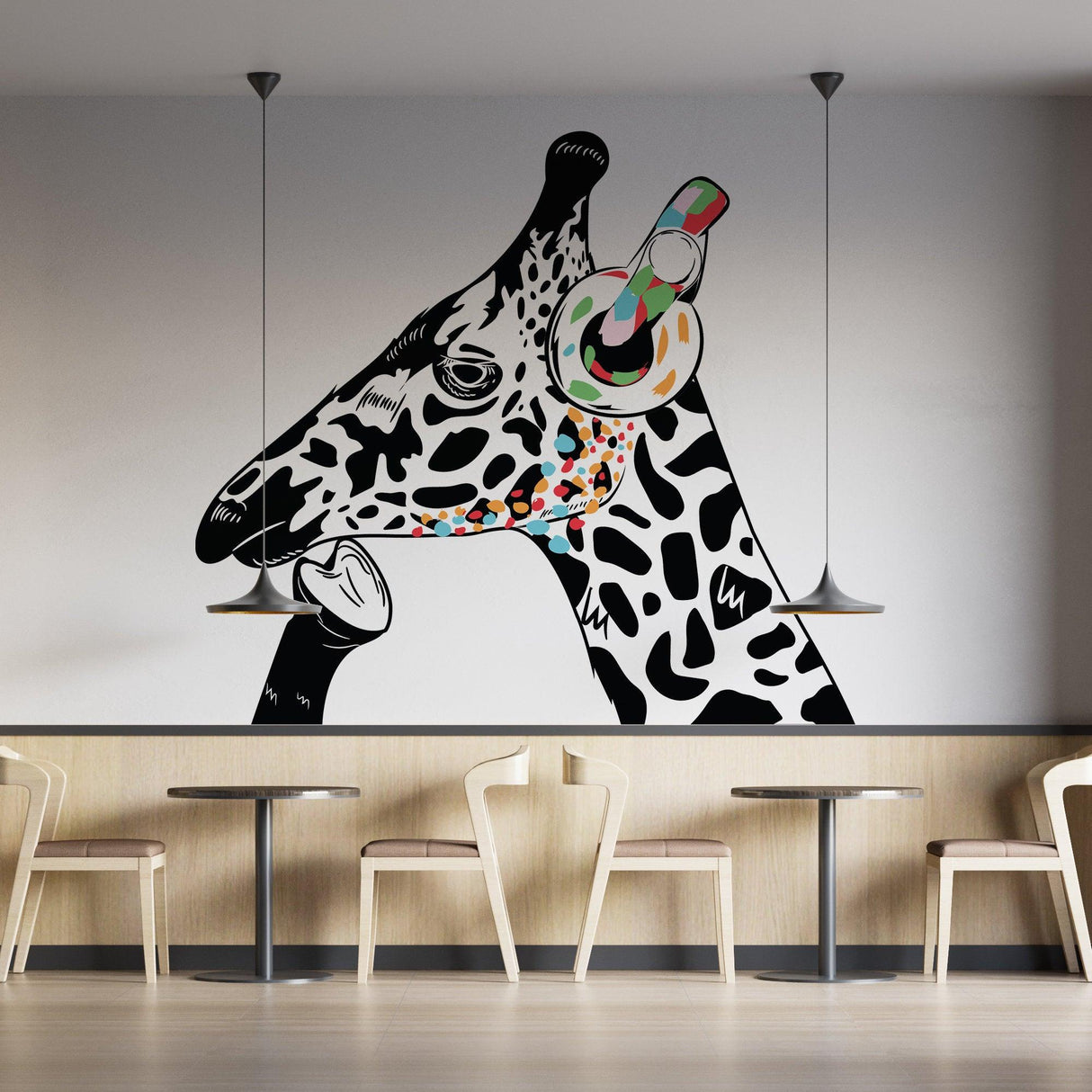 Giraffe wall art sticker featuring colorful giraffe with headphones in modern cafe setting.