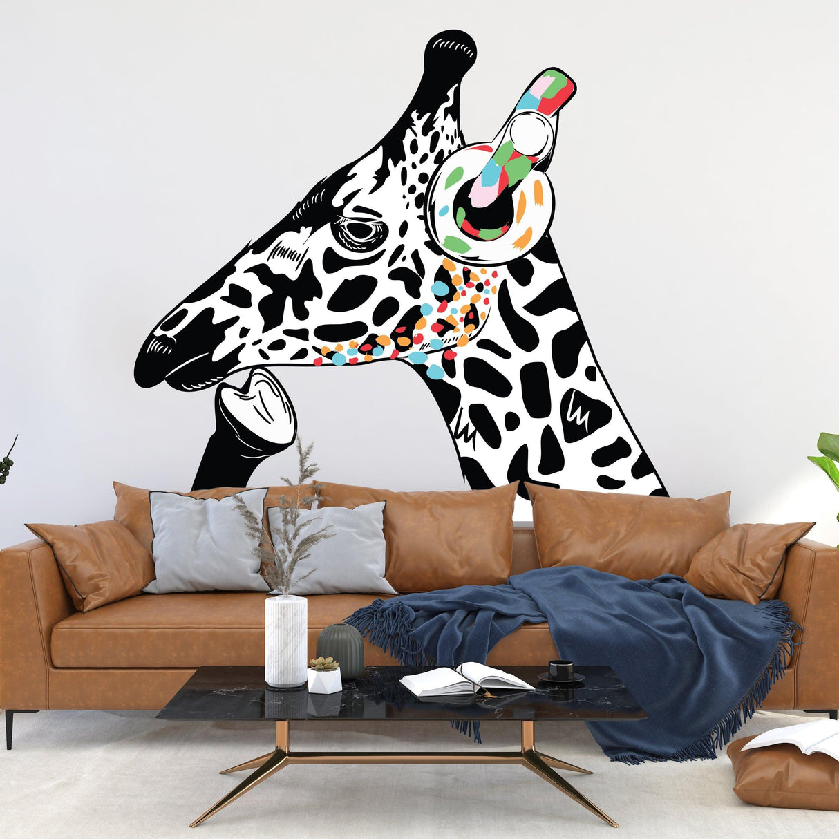 Colorful giraffe wall art sticker with headphones, adding whimsy to a modern living room decor.