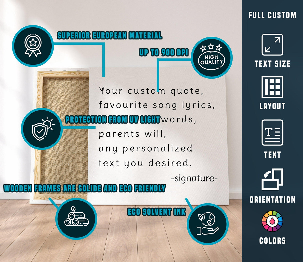 Customized motivational canvas print showcasing high-quality features and options for personalized text.