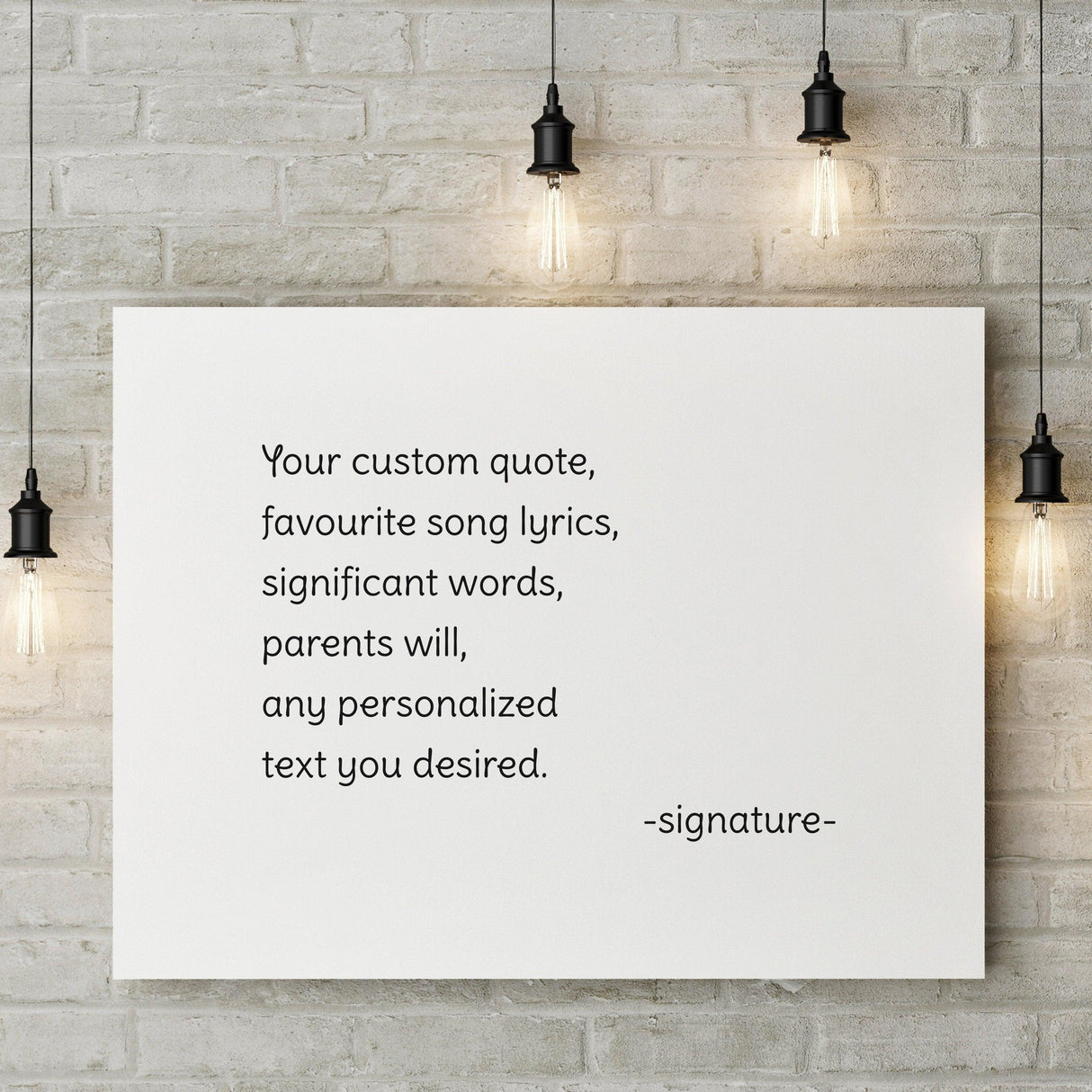 Customized canvas artwork featuring a personalized quote on a white background with hanging lights.