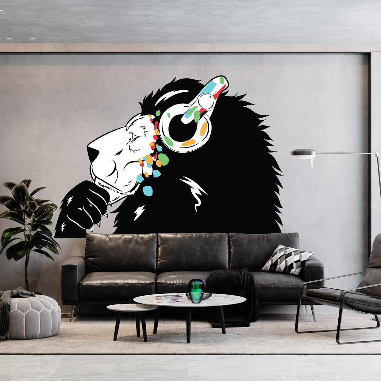 Lion wall sticker featuring a lion's head with colorful headphones, adding a stylish touch to modern decor.