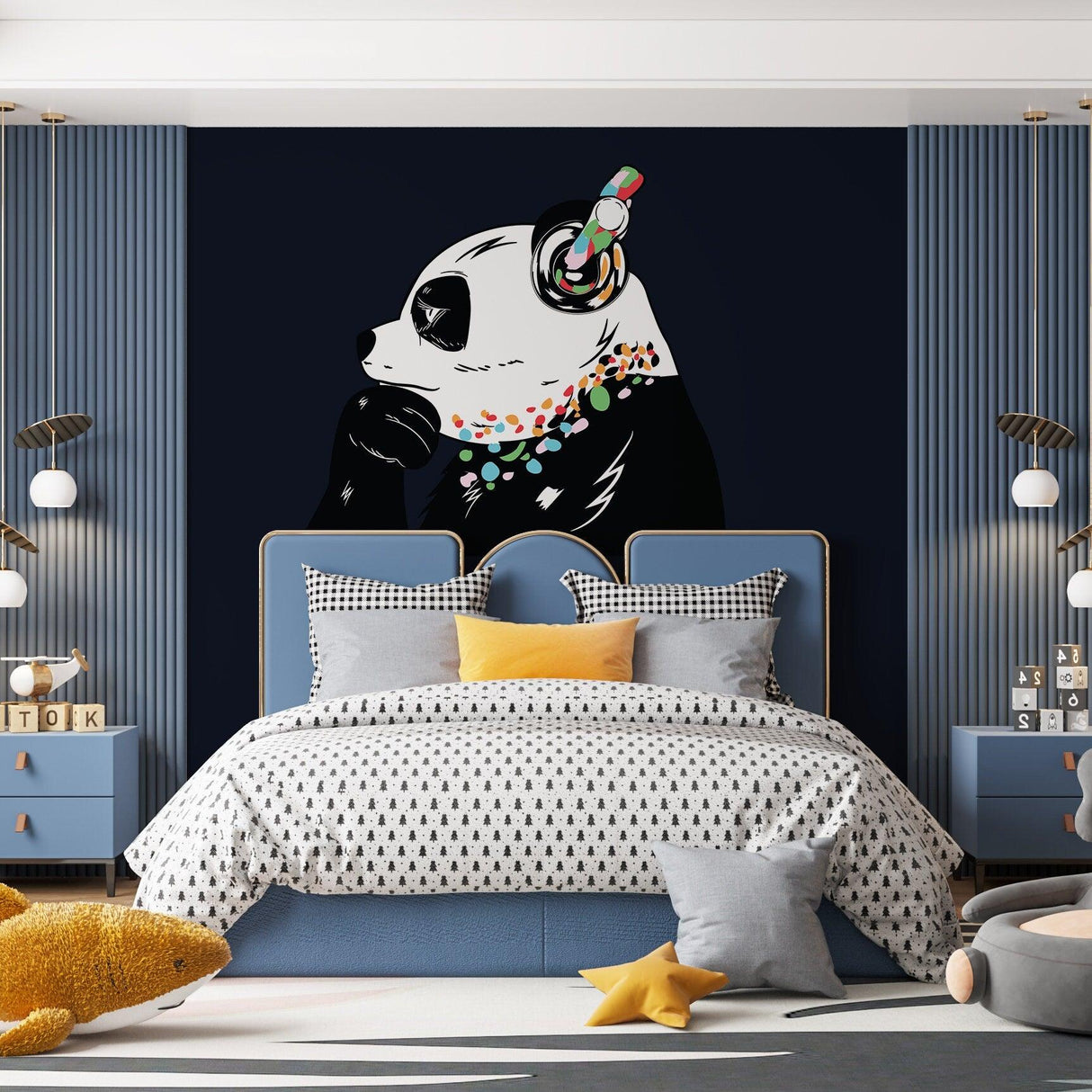Panda in headphones wall decal adding whimsy to a stylish bedroom decor.