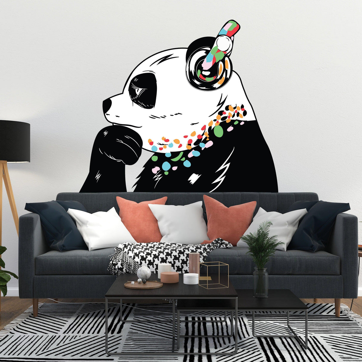 Panda in headphones wall decal sticker, inspired by Banksy, colorful design for unique home decoration.