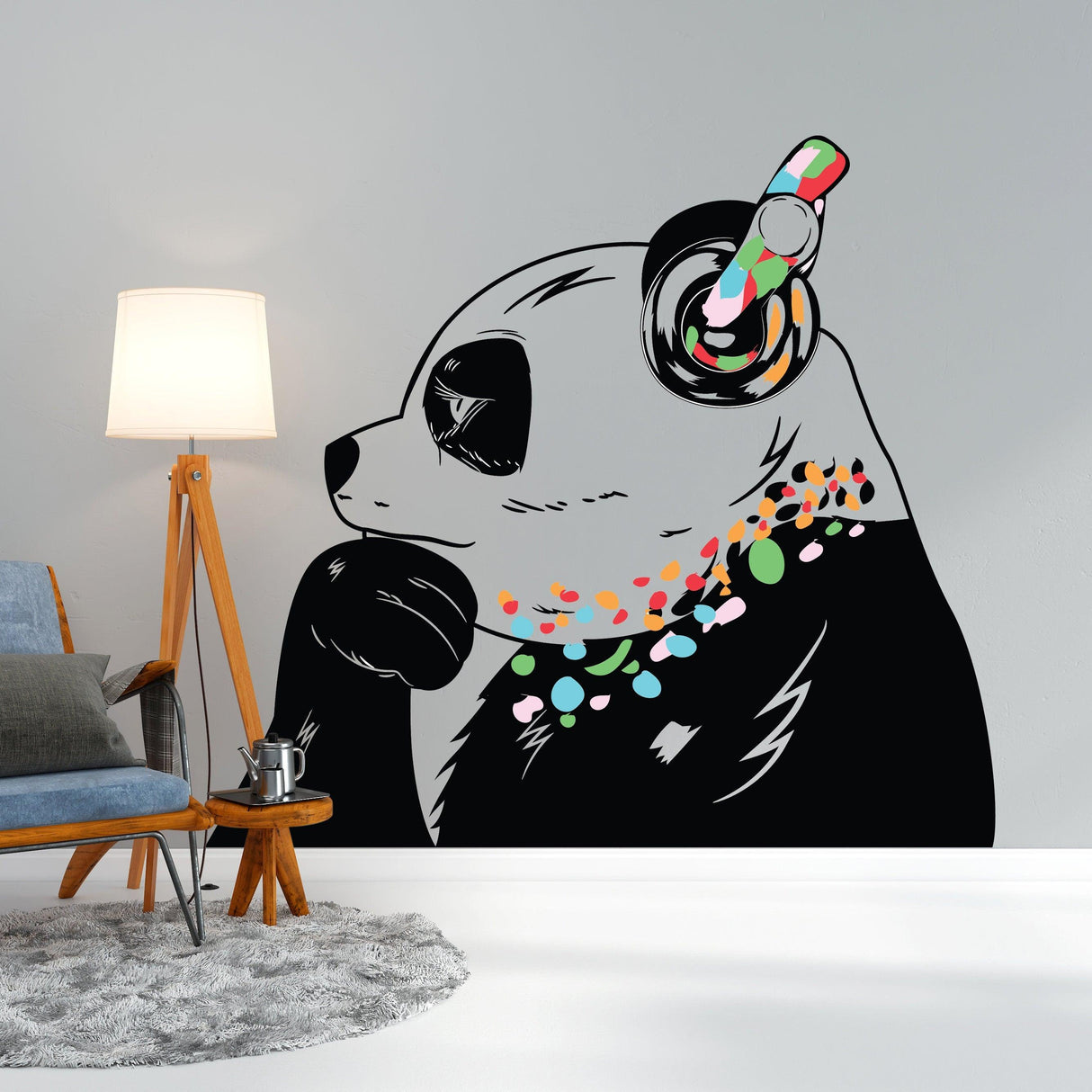 Panda in headphones wall decal featuring colorful accents for playful room decor.