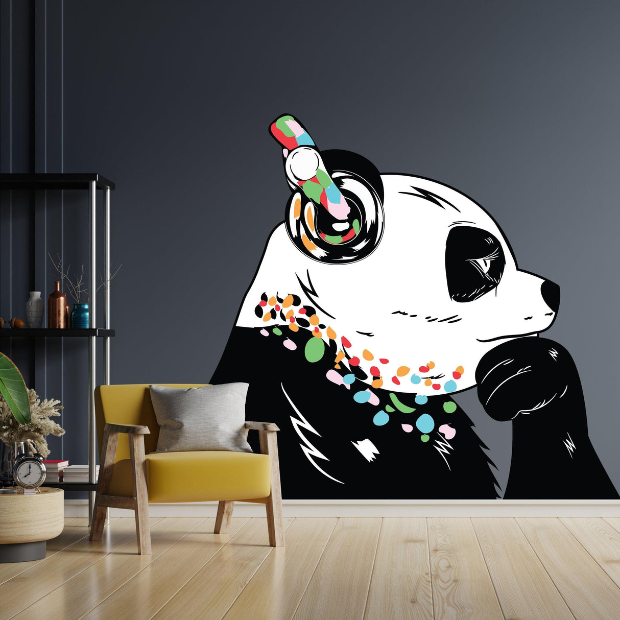 Panda wall art sticker featuring a panda bear with headphones, adding creativity to any room decor.