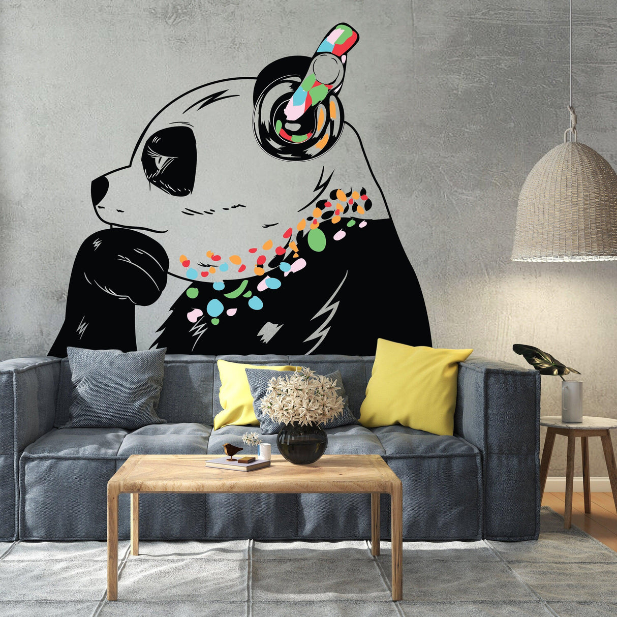 Panda wall sticker featuring a panda wearing headphones, set against a stylish living room backdrop.