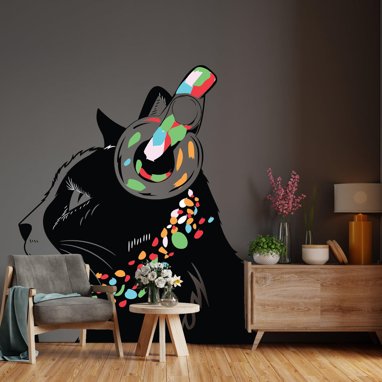 Stylish cat wall sticker featuring a playful cat design with colorful headphones and accessories, perfect for creative room decor.