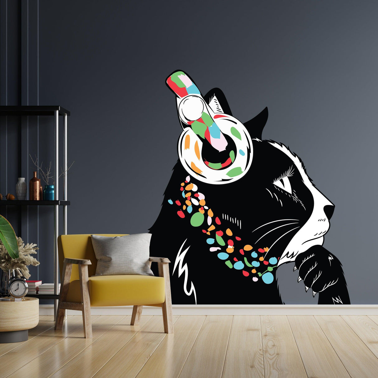 Cat wall art sticker featuring a thoughtful kitten with headphones, adding whimsy to home decor.
