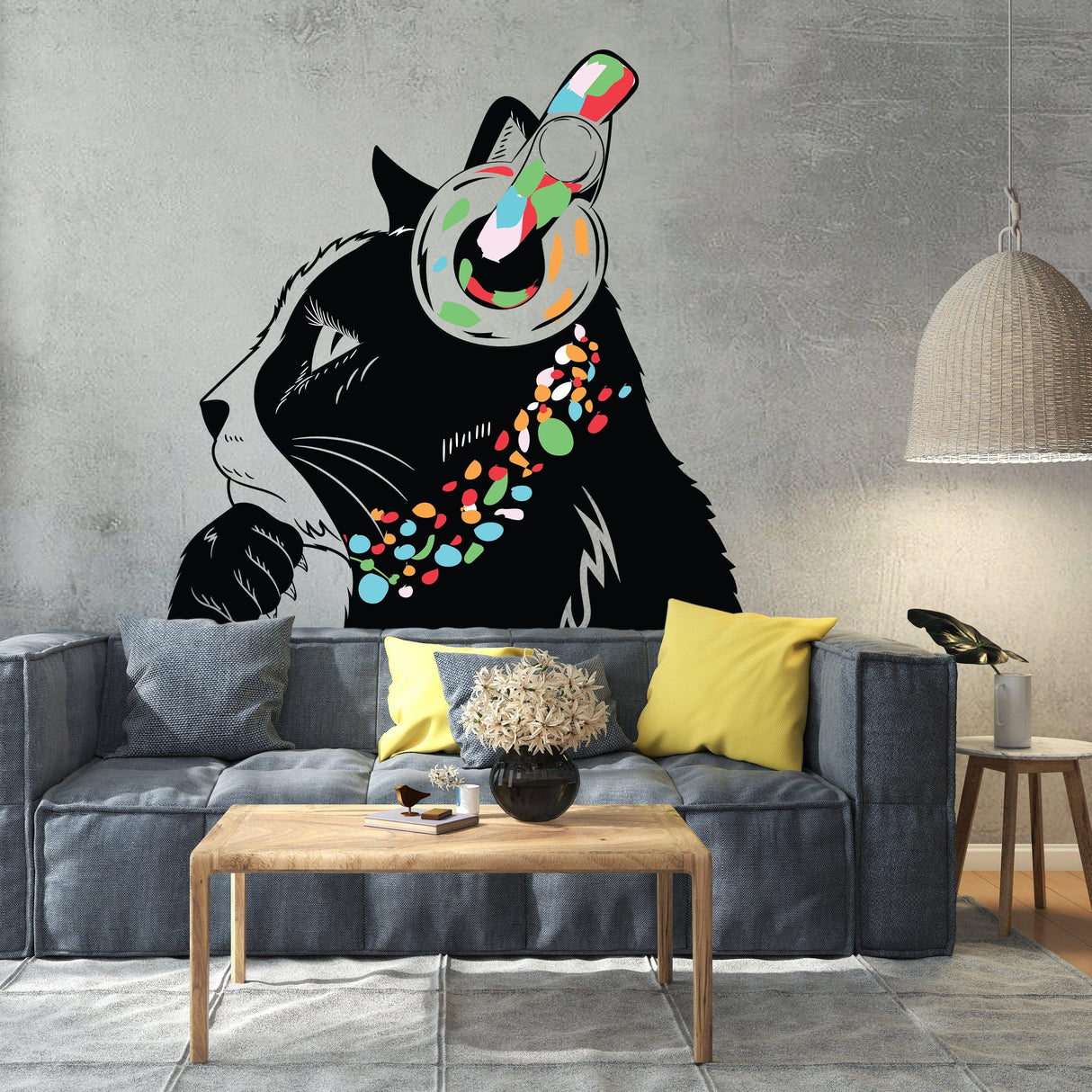 Cat wall art sticker featuring a thinking kitten with headphones in a stylish living room.
