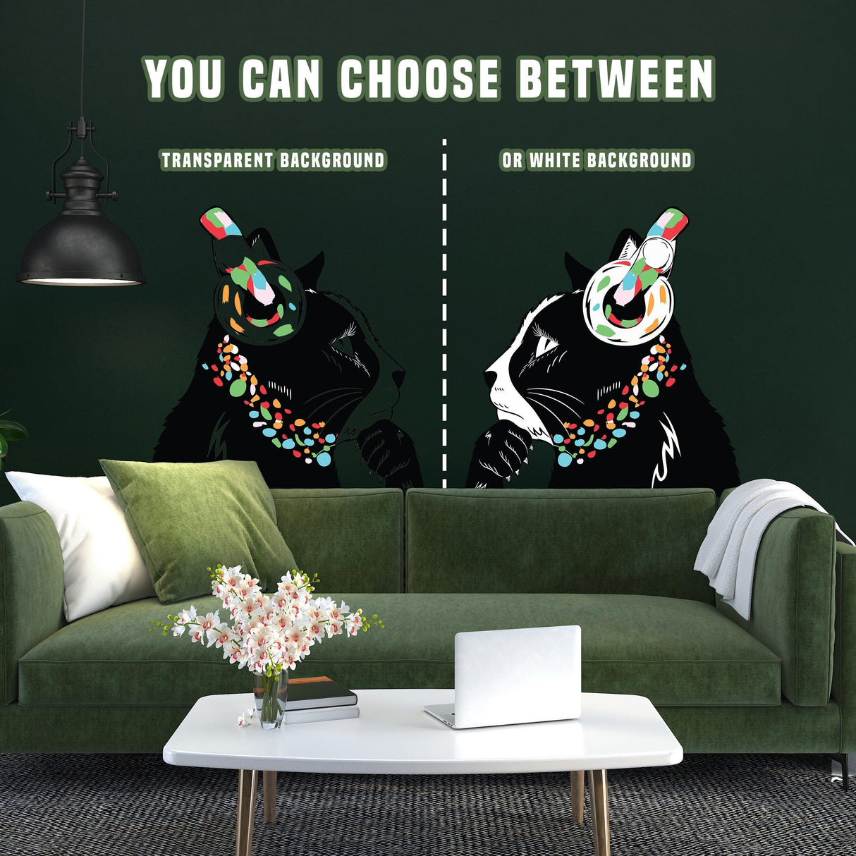 Cat wall art sticker featuring a DJ kitten in headphones, displayed in a stylish room with a choice of backgrounds.
