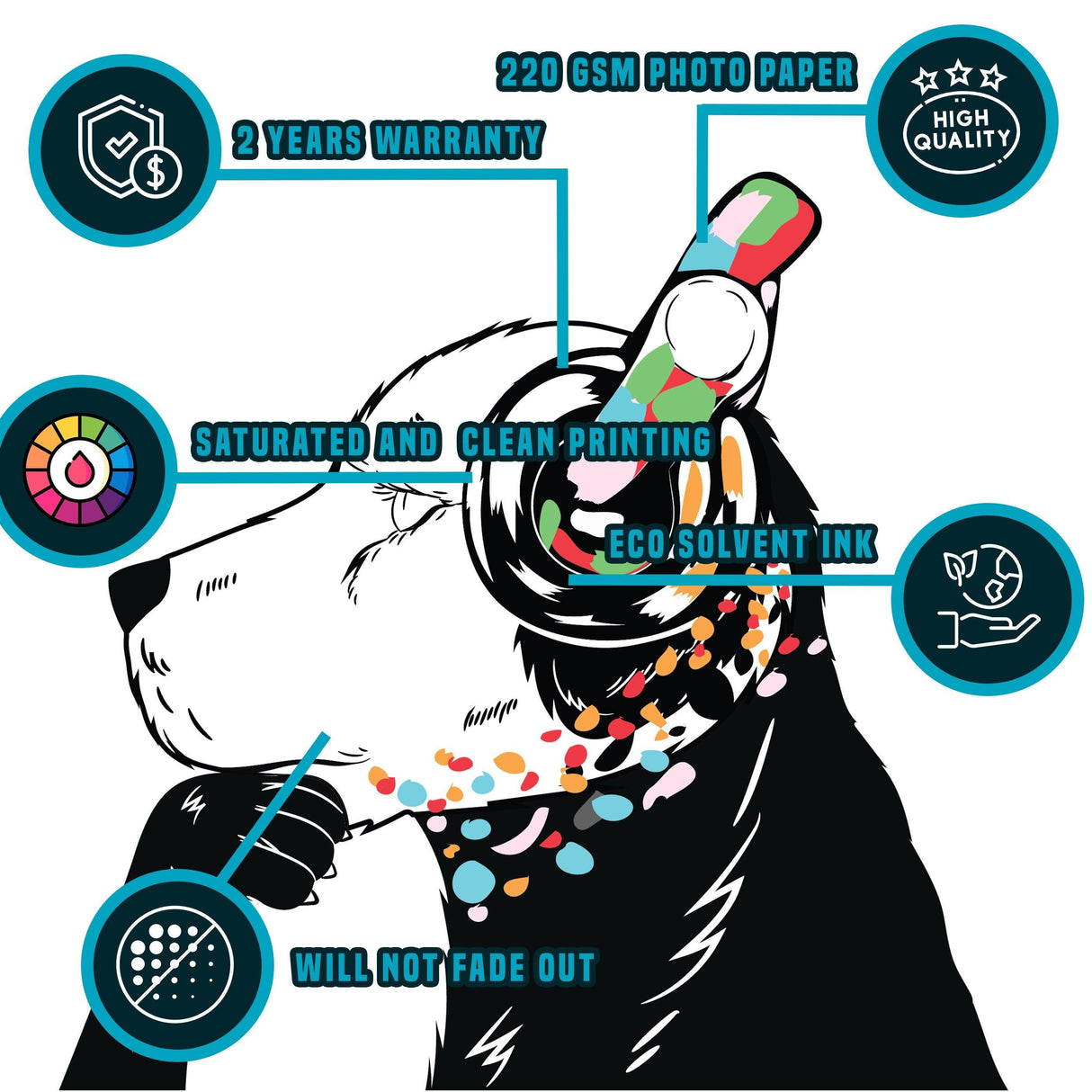 Infographic of a dog with headphones, detailing features like eco solvent ink, high-quality printing, and warranty.