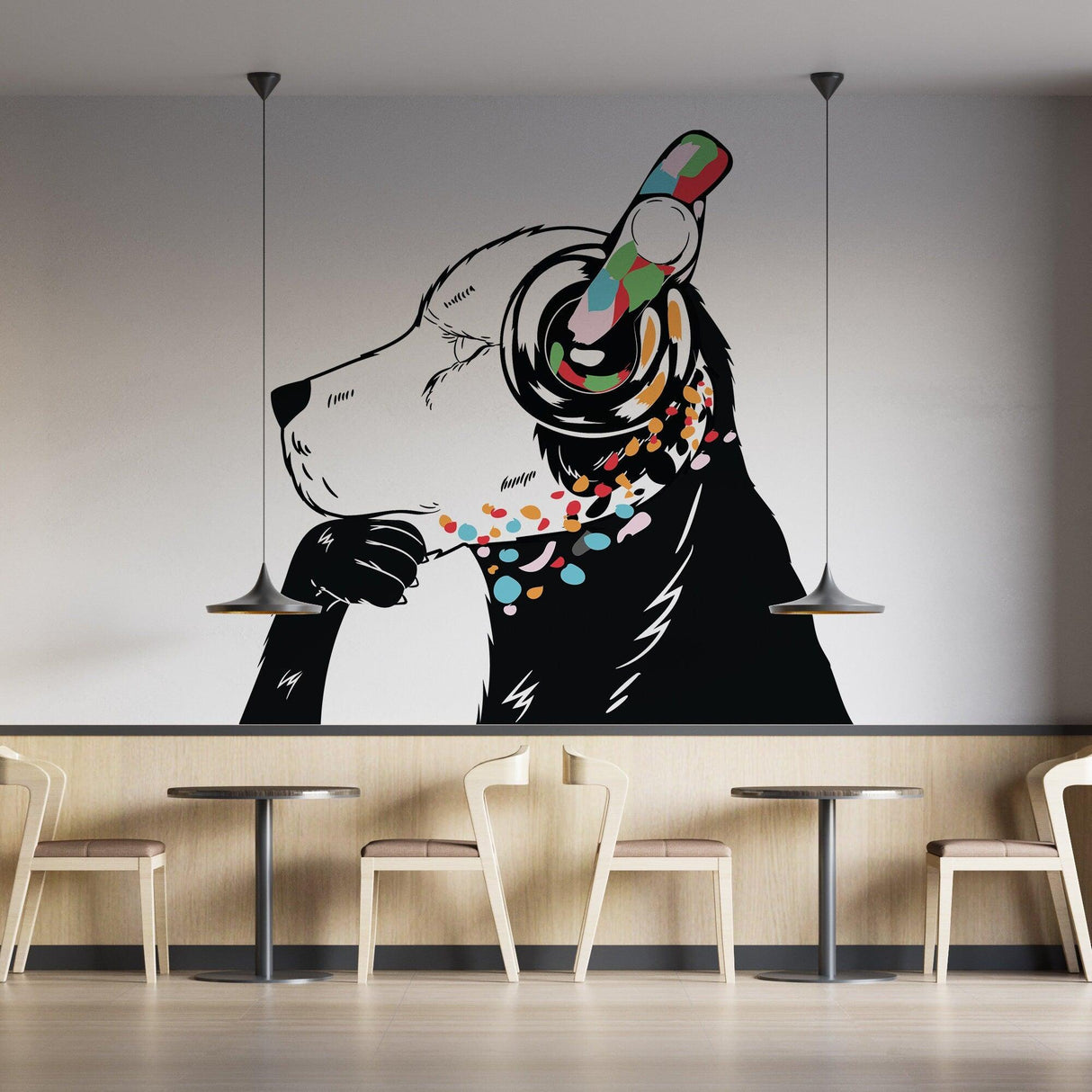 Dog wall art sticker featuring a thinking puppy wearing colorful headphones in a modern cafe setting.