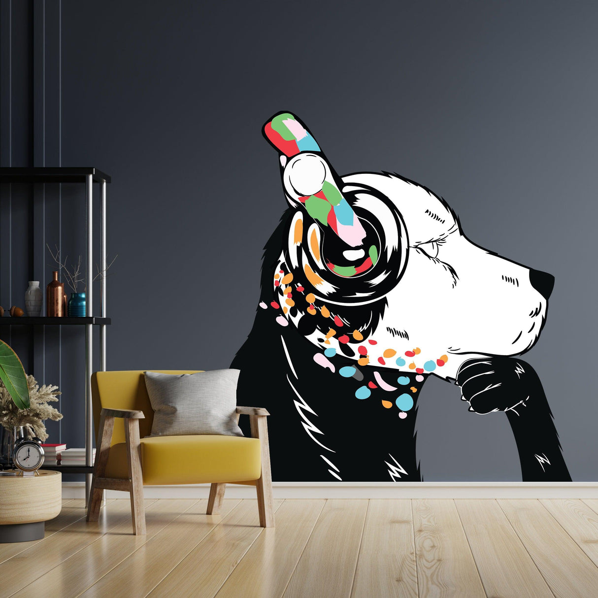 Dog wall art sticker featuring a puppy in headphones, adding a fun and colorful touch to any interior.