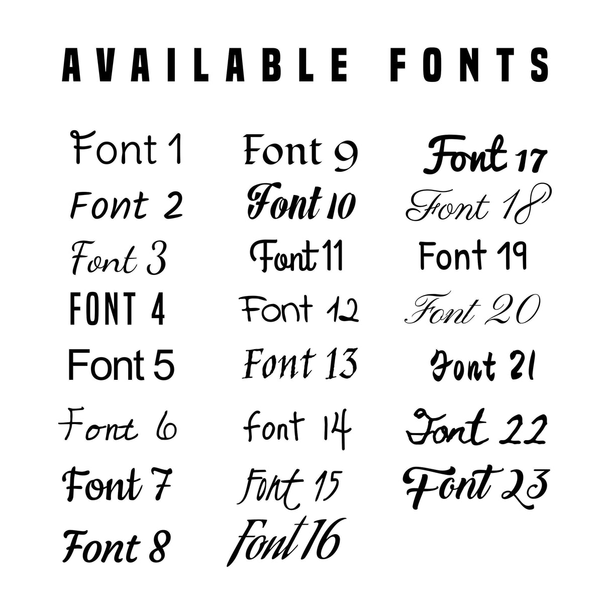List of available fonts for personalized canvas artwork customization.