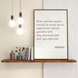 Custom quote poster print displayed on a wooden shelf with decorative items and pendant lights.