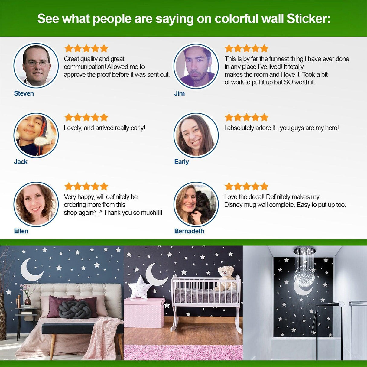 Customer reviews for colorful wall stickers, showcasing satisfaction and unique nursery designs.