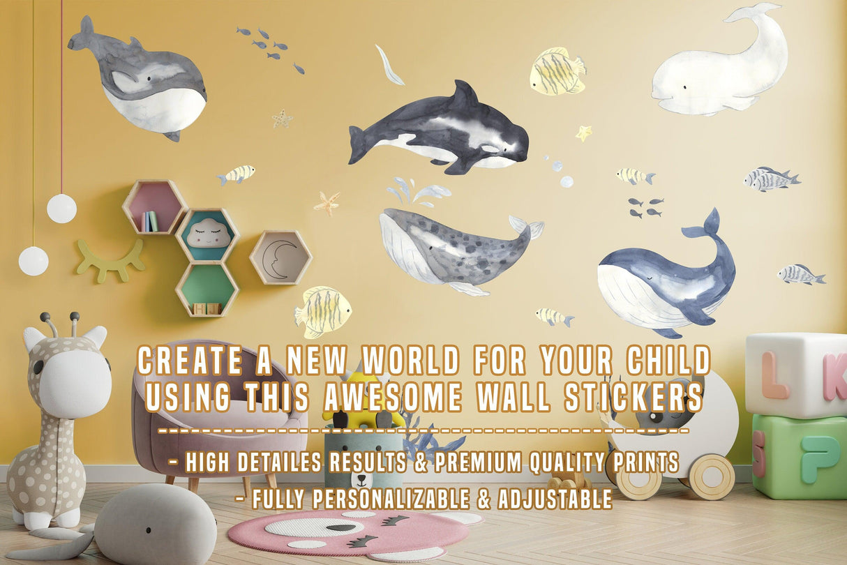 Sea whales wall stickers in a colorful kids room, perfect for nursery decor, featuring playful marine life.