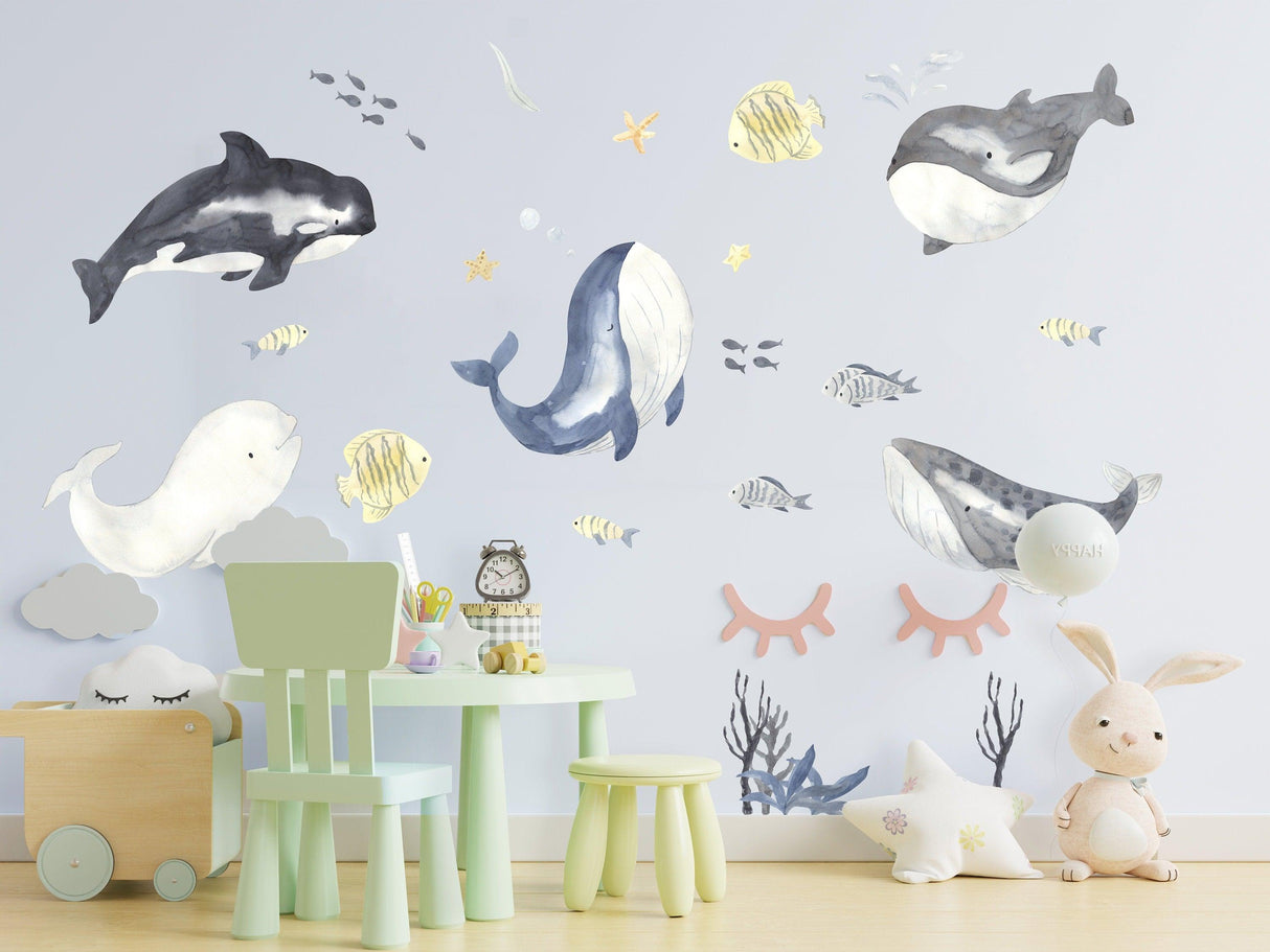 Colorful Ocean Whales Wall Sticker for Kids Room Decor, ideal for baby boy nurseries, creating an underwater theme.