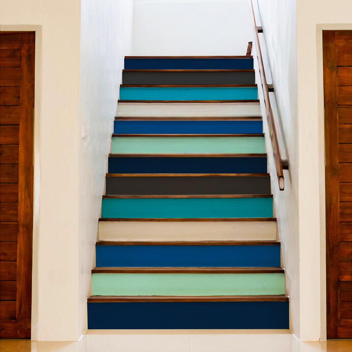 Gradient color self-adhesive stairs risers stickers applied to a staircase for a stylish transformation.