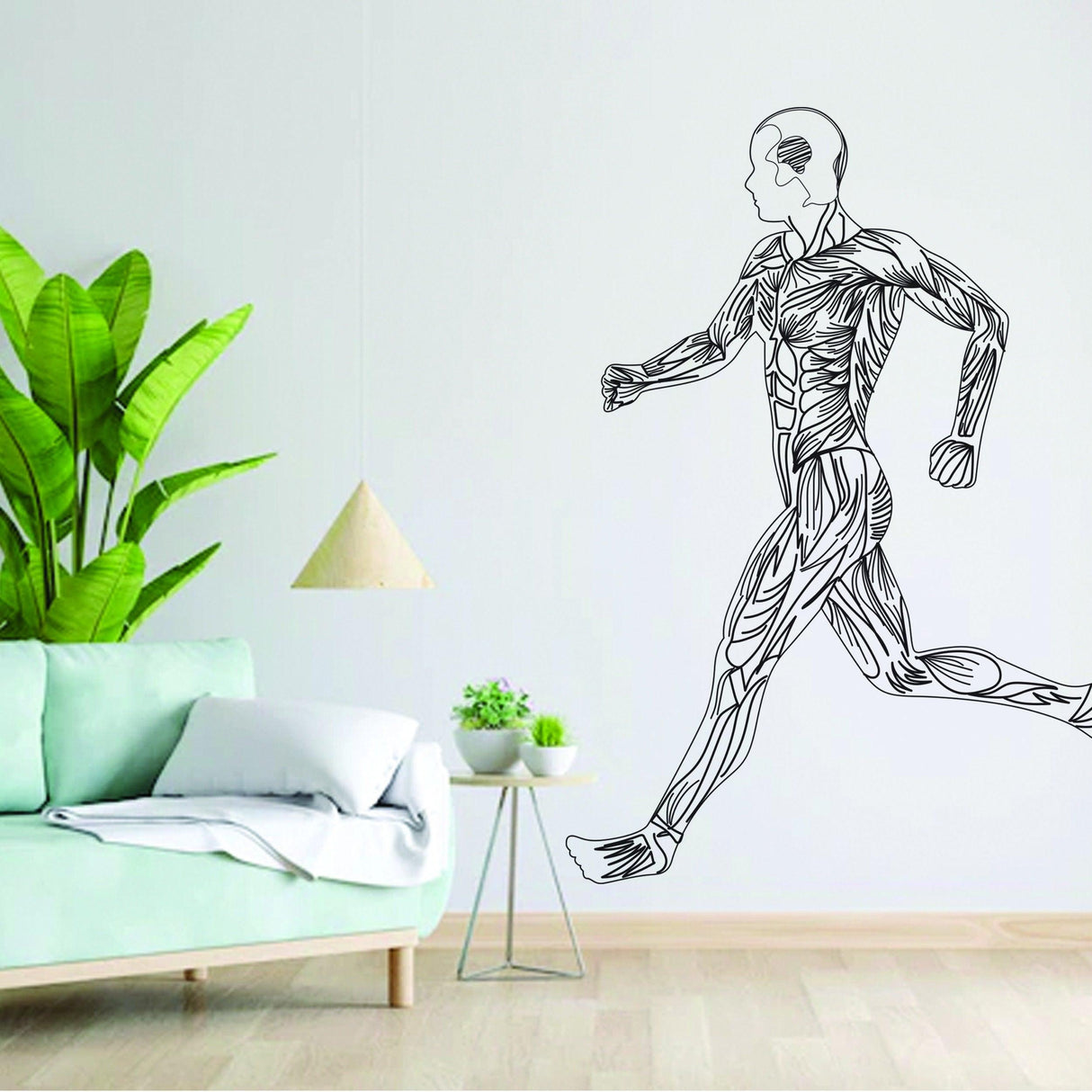 Mens body silhouette wall decal in a fitness pose, enhancing office or gym decor with vibrant motivation.