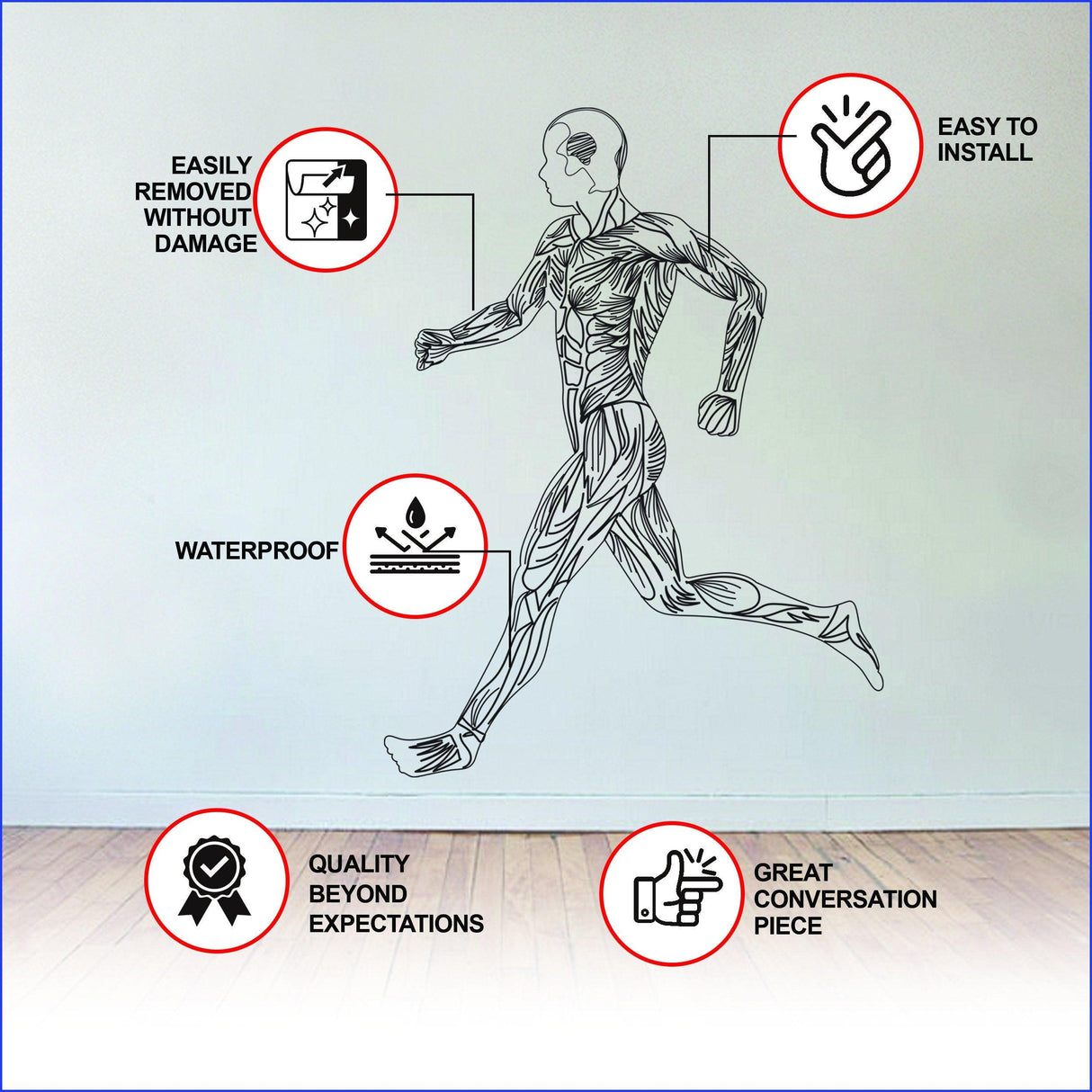 Fitness wall sticker showcasing a sleek silhouette of a running figure with key features highlighted.