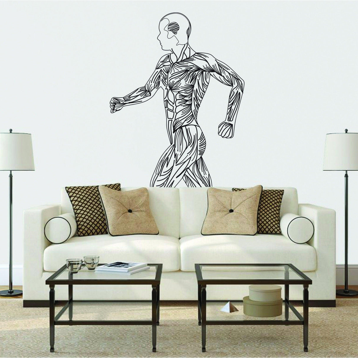 Fitness wall sticker of a sleek silhouette figure running, enhancing home workout decor.