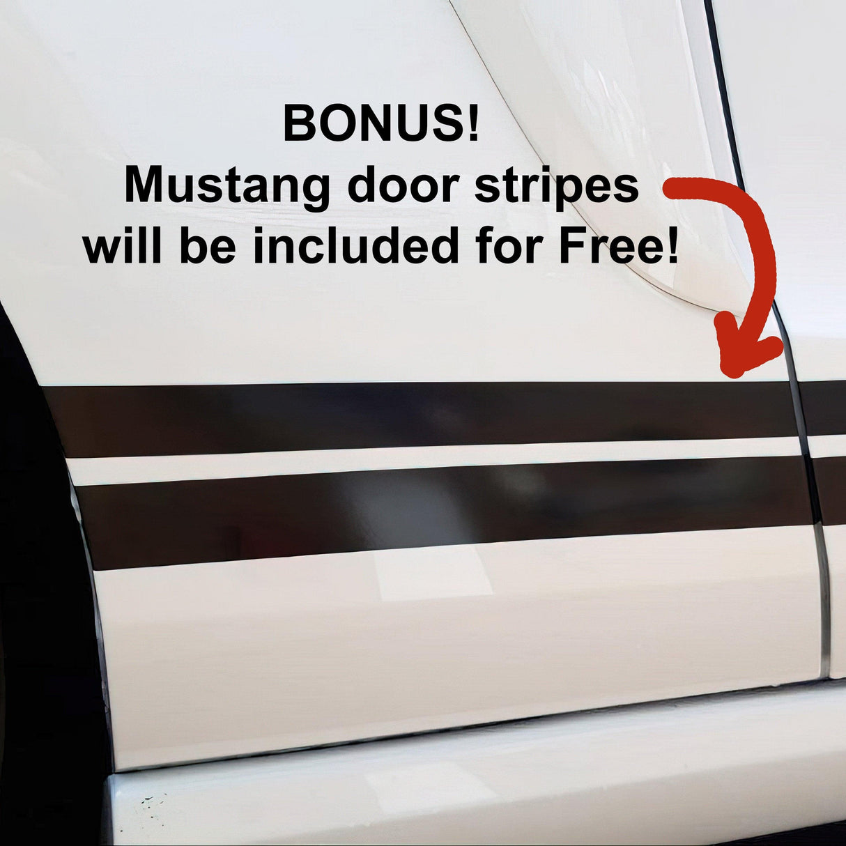Bonus Mustang door stripes included for free with Two Lines Racing Stripes Car Stickers on a white vehicle.