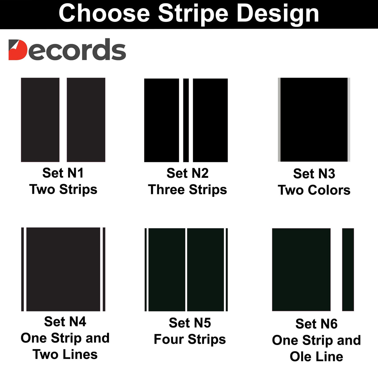 Different designs of racing stripe car stickers including two, three, and four strips in various color combinations.