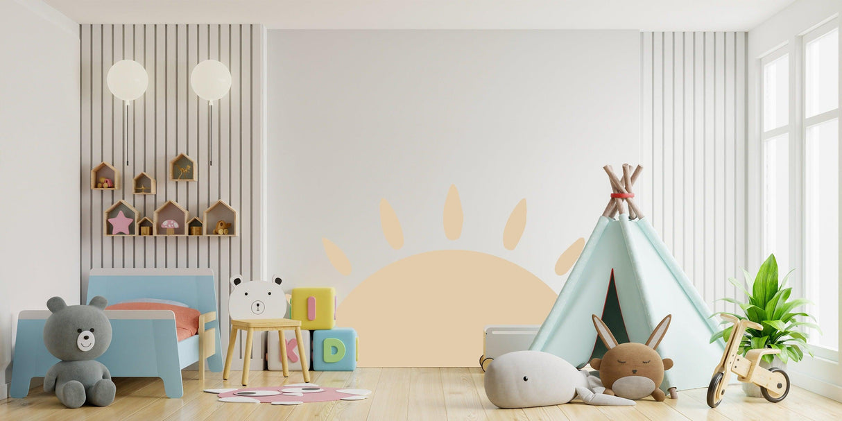 Bright and colorful Boho sun wall decal in a cozy children's room with playful decor.