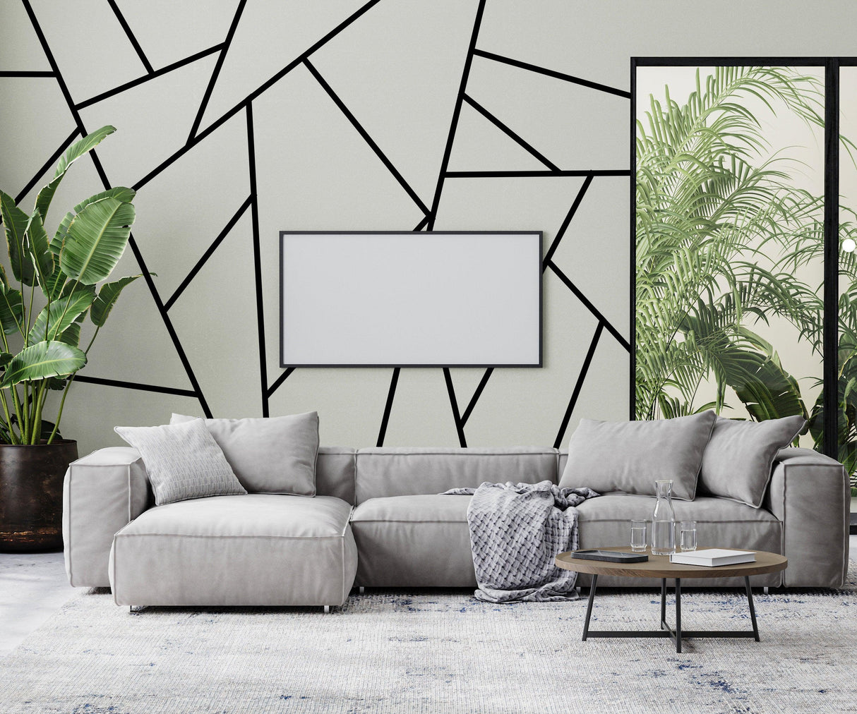 Modern living room featuring Black Thin Line Stickers on wall, grey sofa, and indoor plants for stylish decor.