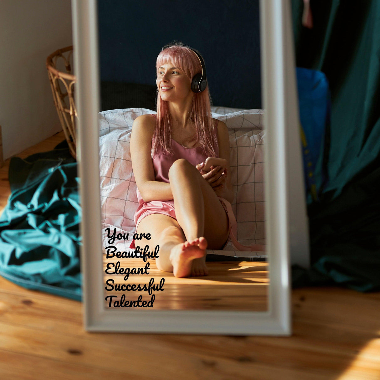 Woman with pink hair in headphones sitting beside a mirror with an affirmation quote decal about beauty and success.