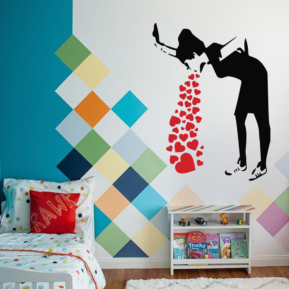 Banksy Love Sick Girl wall decal in a colorful children's room, featuring hearts and urban street art design.