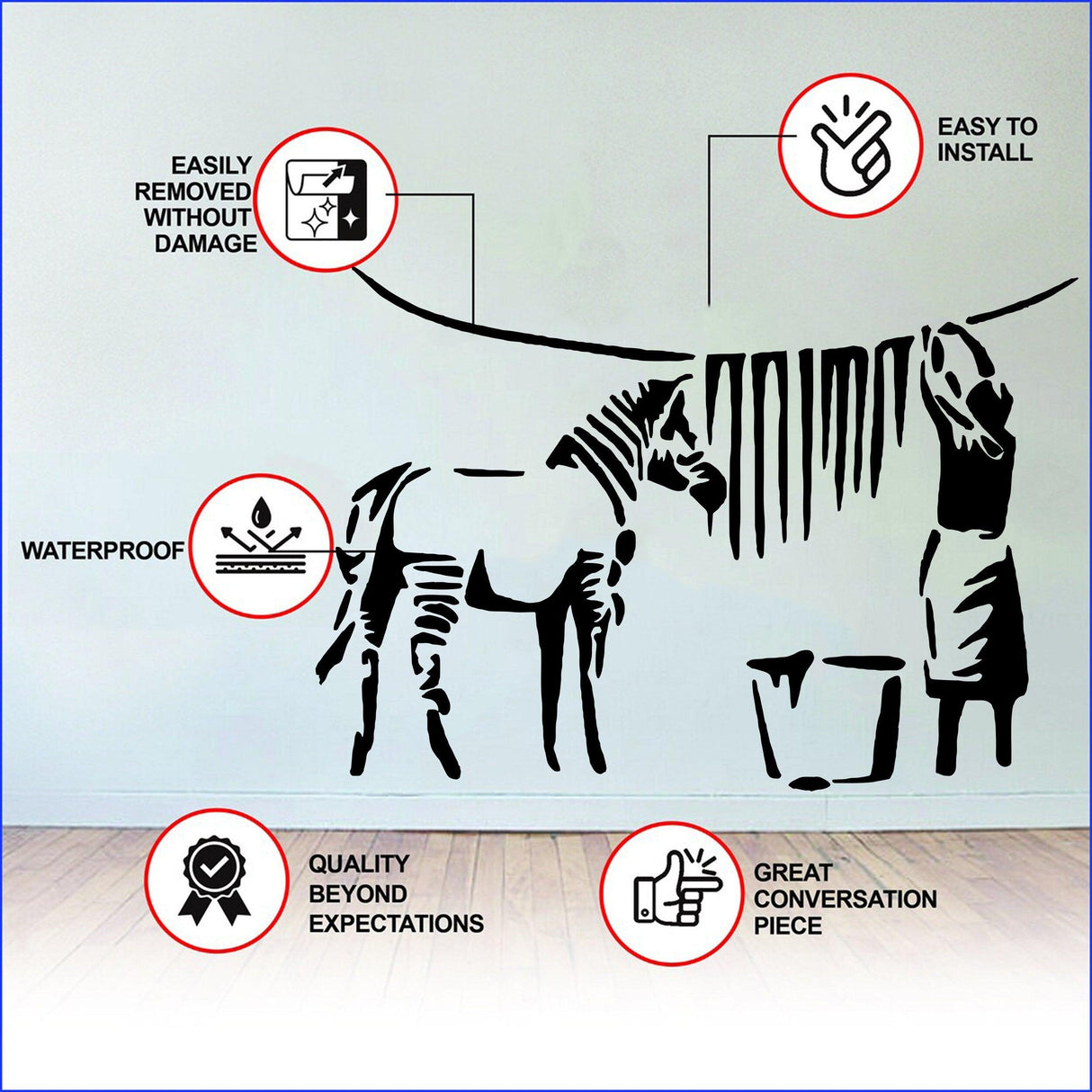 Banksy Zebra Stripes Wall Decal features easy installation, waterproof design, and removable without damage.
