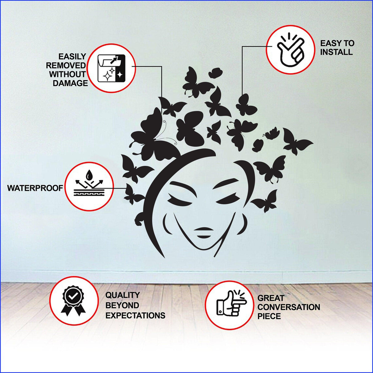 Butterfly wall sticker features, highlighting easy installation, waterproof quality, and removable design for home decor.