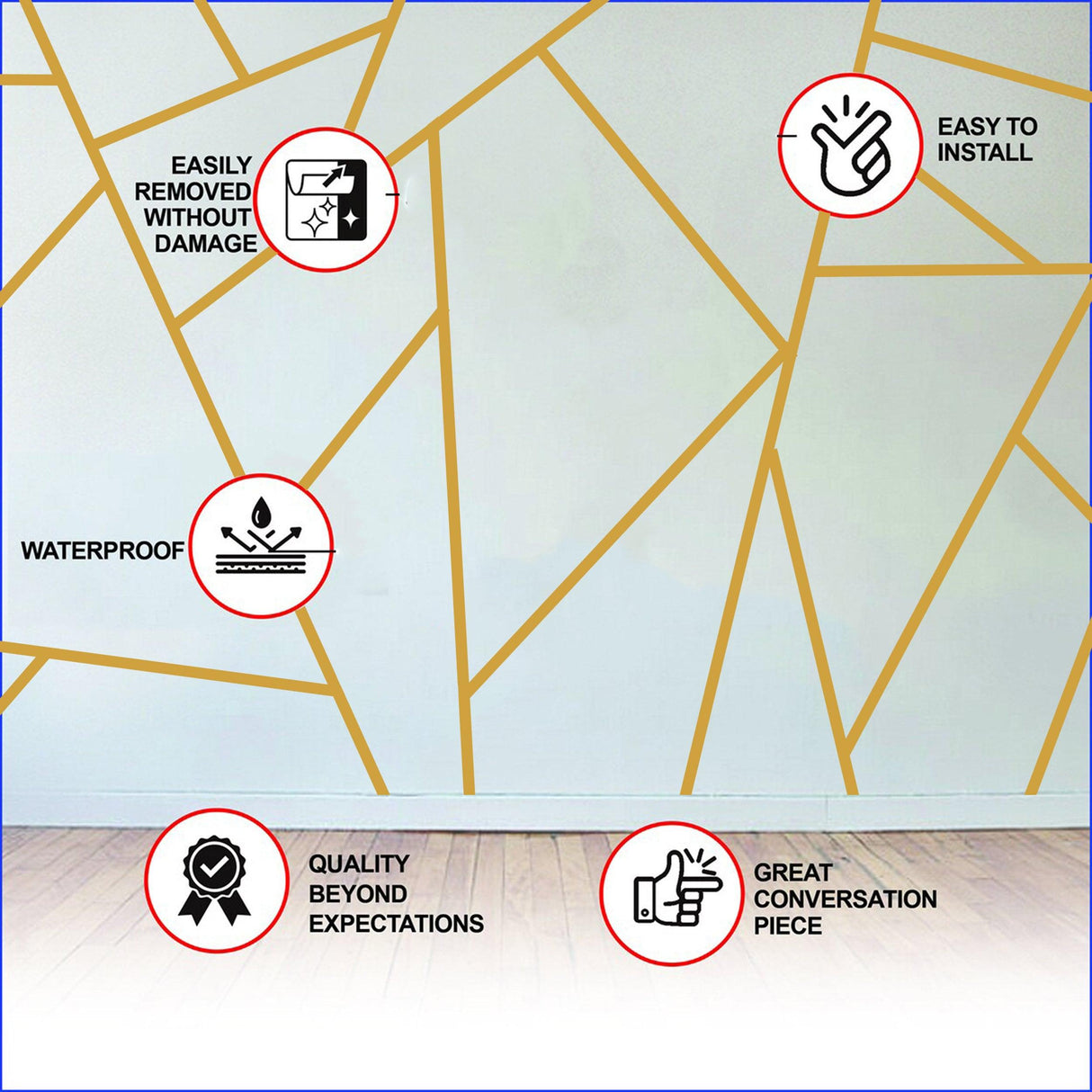 Infographic showing features of wall decals: easy installation, waterproof, removable, quality, and conversation piece.