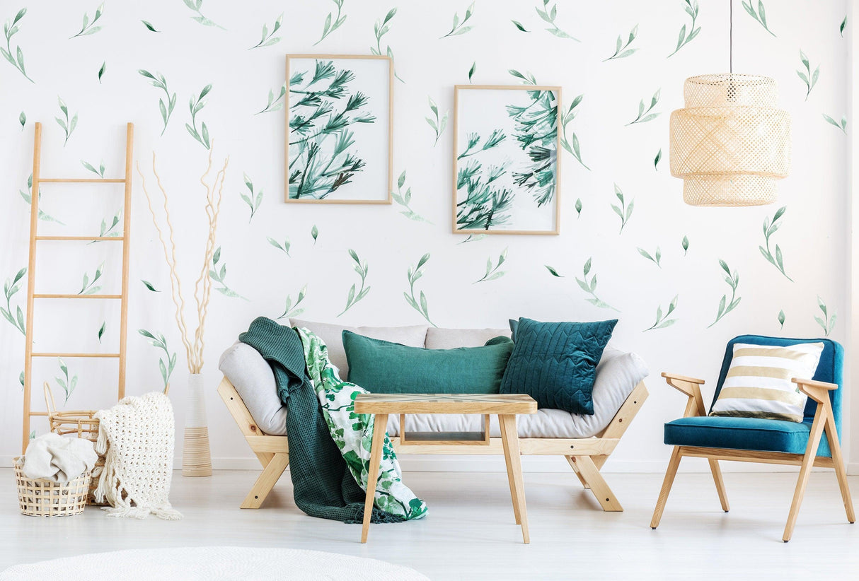 Stylish living room featuring Olive Botanical Vinyl Wall Stickers for a fresh and natural home decor look.