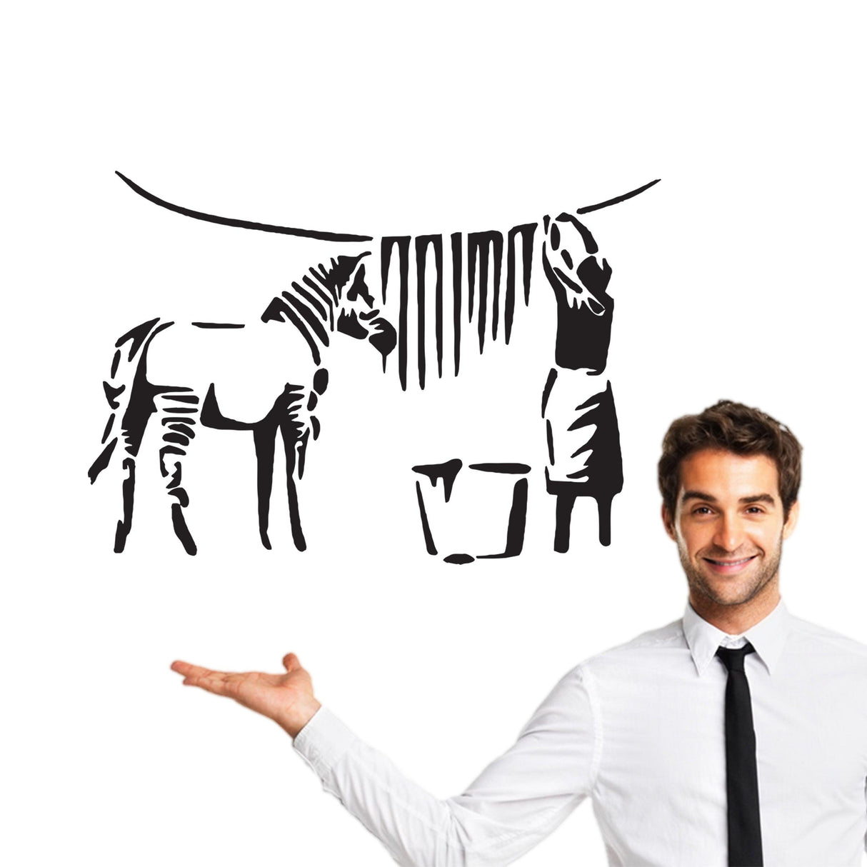Banksy zebra stripes wall decal featuring a playful zebra and laundry scene, perfect for stylish home decor.