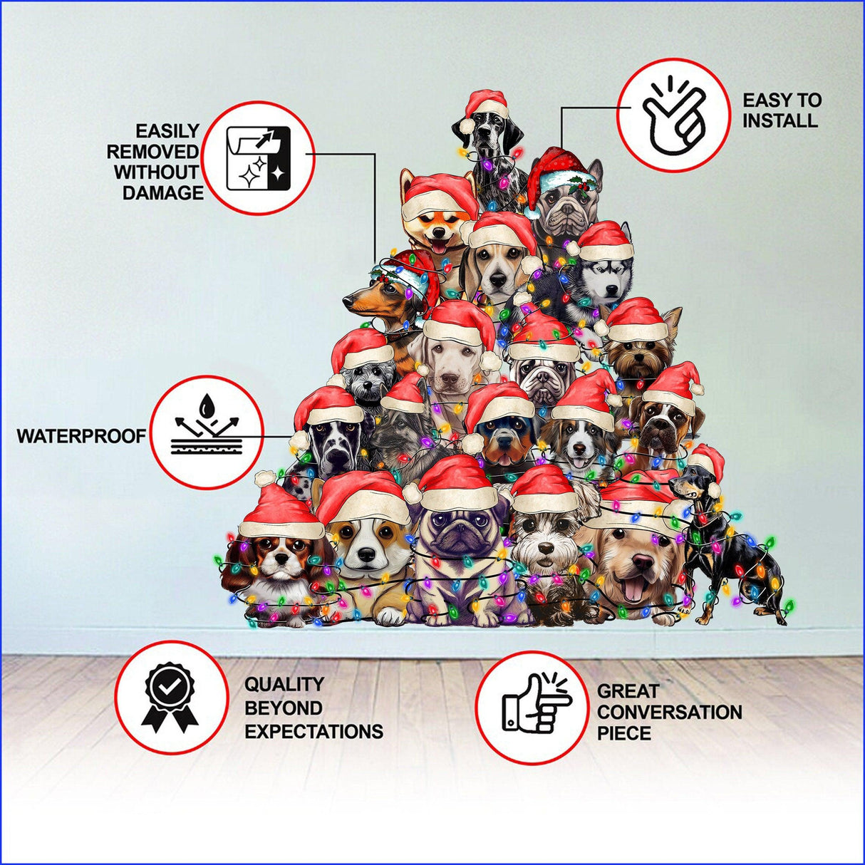 Canine Christmas Tree Wall Sticker featuring dogs in Santa hats and lights, easy to install and waterproof for festive decor.