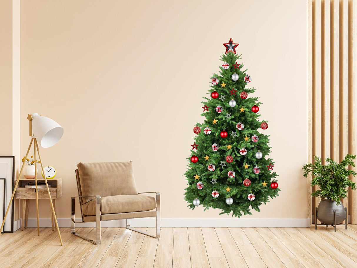 Christmas tree wall vinyl decal with ornaments in living room design, perfect for holiday decoration.