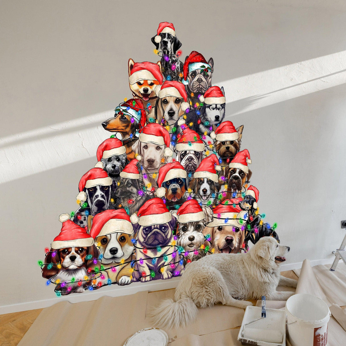 Funny Christmas tree wall decal featuring dogs in Santa hats and lights, perfect for holiday decor in kids' rooms.