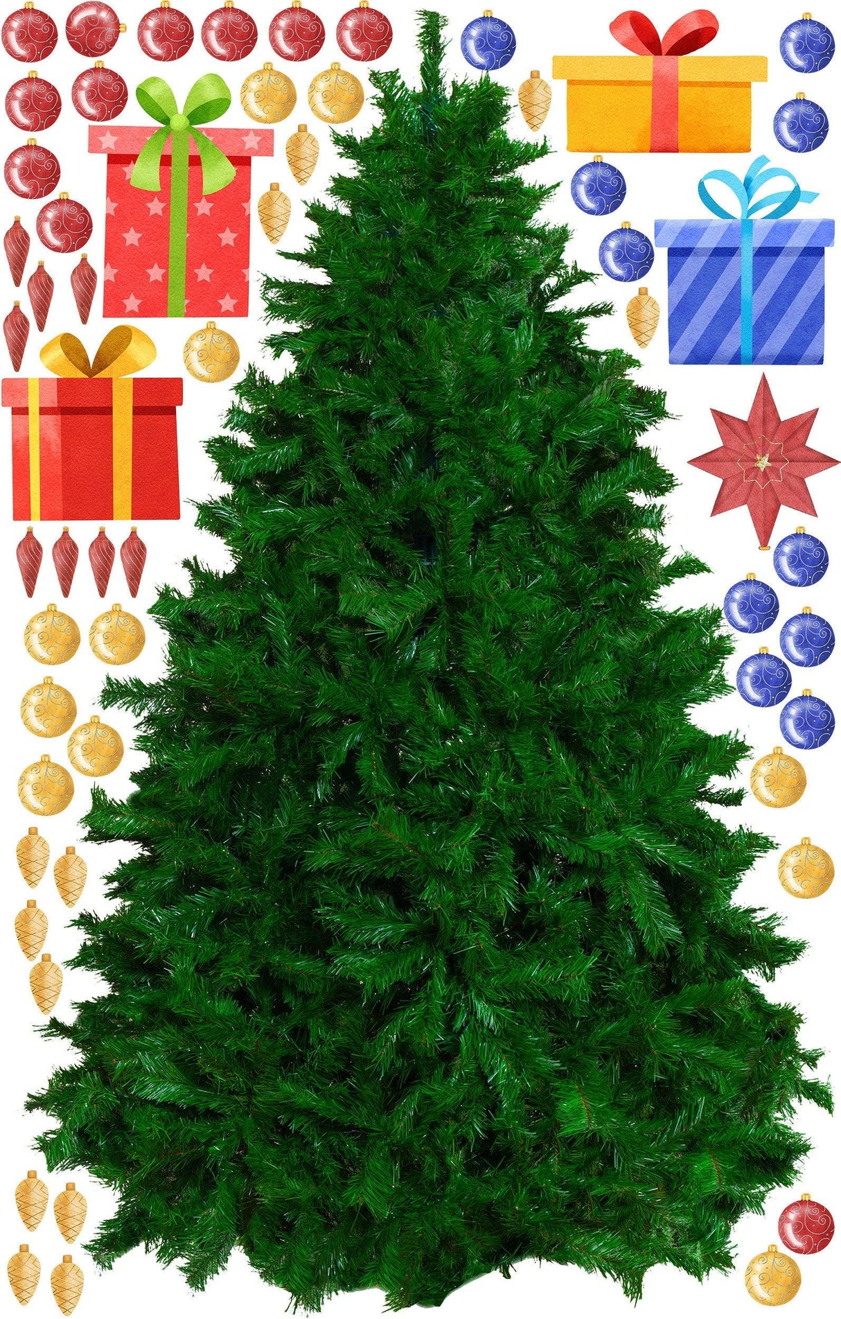 Large green Christmas tree wall sticker surrounded by colorful gift boxes and ornaments, perfect for festive decor.