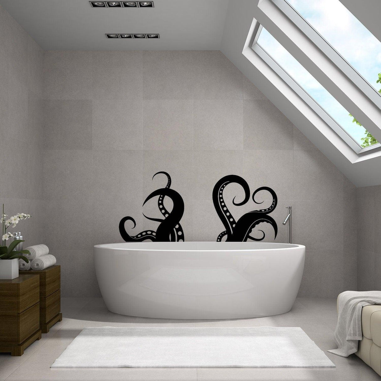 Octopus tentacles vinyl wall art sticker displayed in a modern bathroom decor, enhancing the ocean theme.