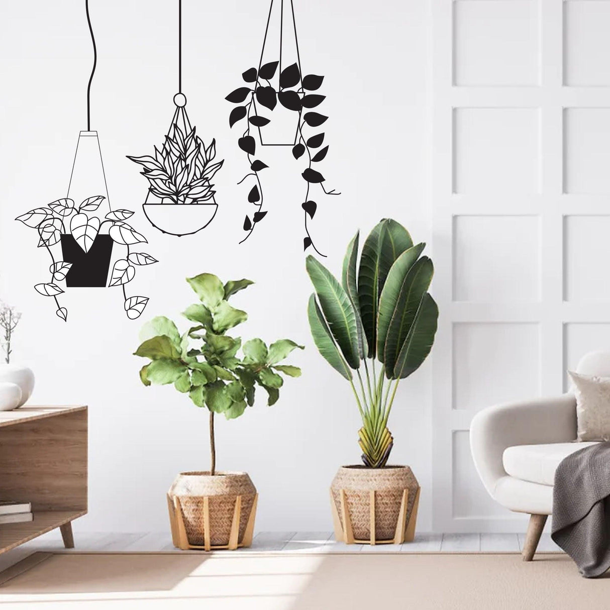 Botanical Oasis wall sticker featuring tropical plant baskets in a bright living room decor.