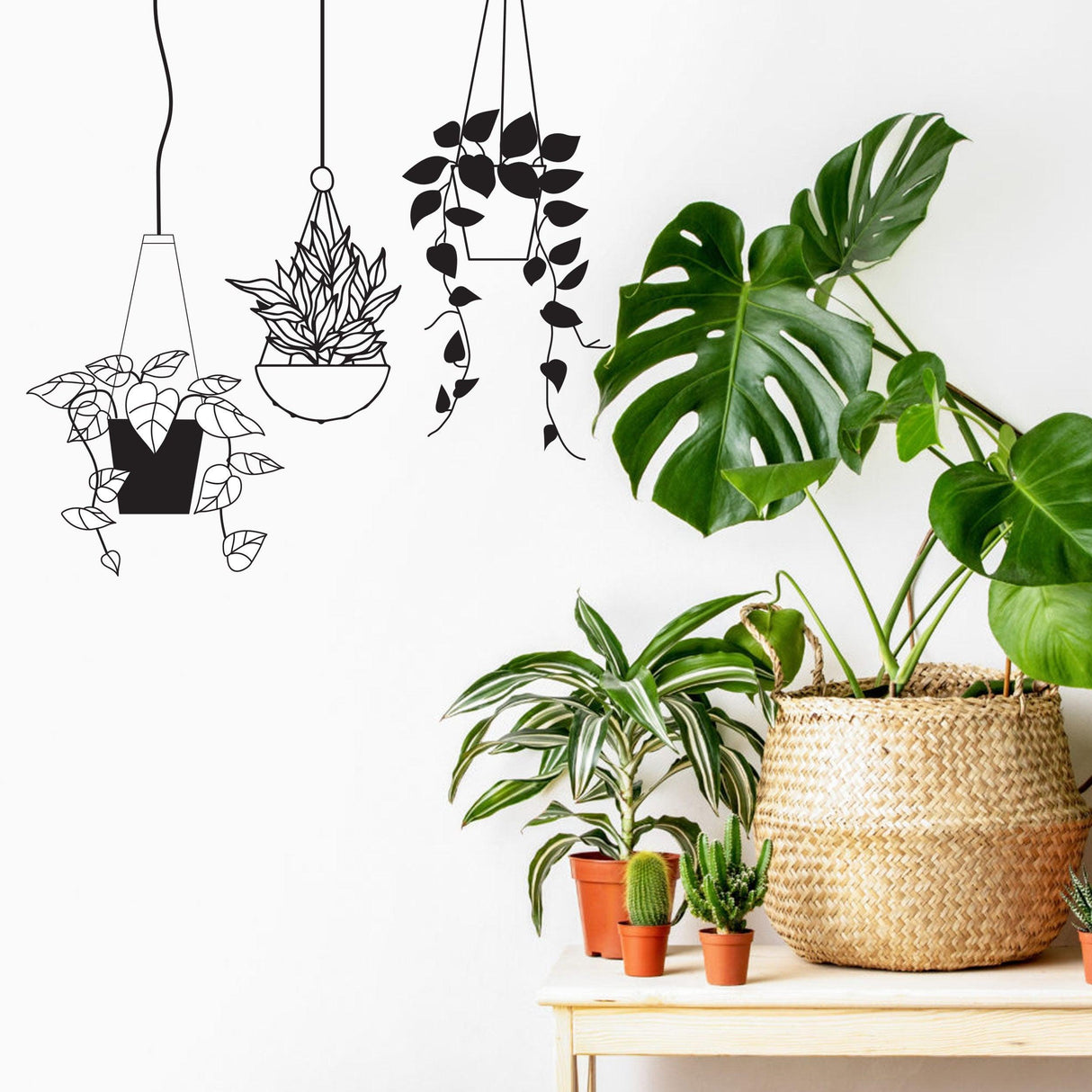 Hanging plant basket wall sticker in artistic design with potted plants, perfect for living room decor.