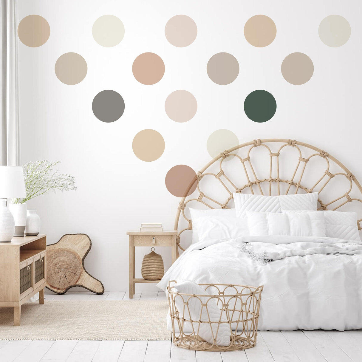 50 neutral boho pastel circle wall decals in a stylish nursery setting, adding charm to the room decor.