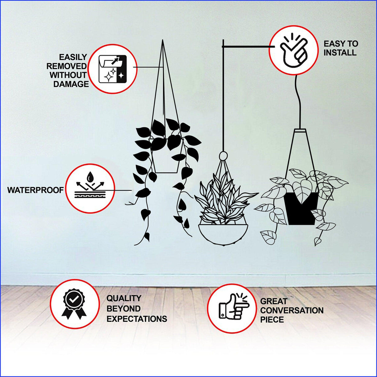 Infographic of Botanical Oasis Wall Sticker features: waterproof, easy to install, quality design, and removable without damage.