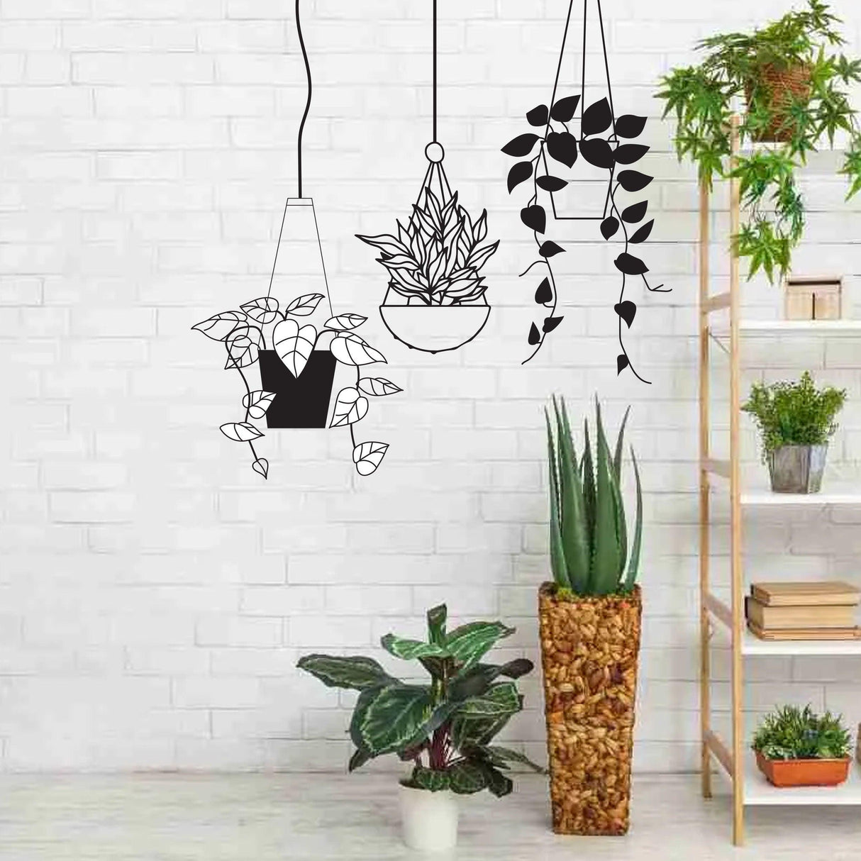Botanical Oasis wall sticker featuring tropical hanging plants in a modern indoor setting.
