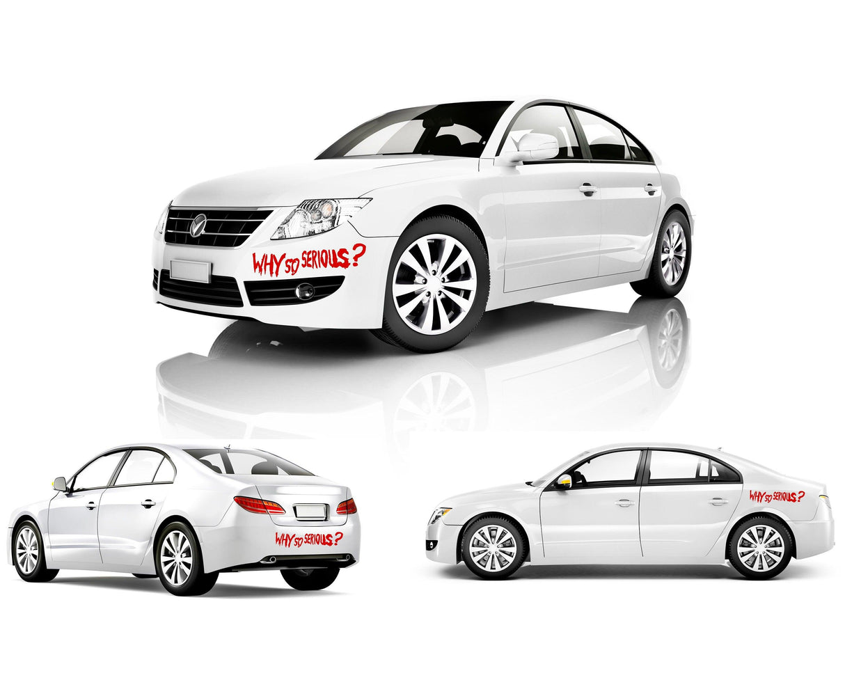 White car decorated with Why So Serious? Joker vinyl sticker on the side, showcasing a bold villain-themed design.